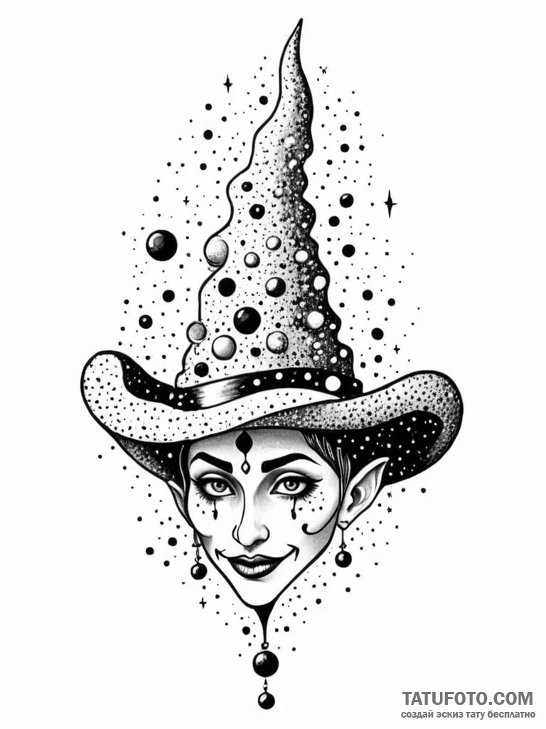 Tattoo sketch, jester’s cosmic gaze, a whimsi… — эскиз тату (№1752516866_0, 14.07.2025 18:14) — Tatufoto.com