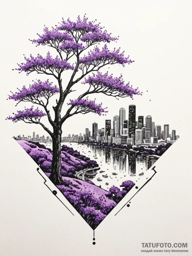 Tattoo sketch, jacaranda bloom, urban glow, a... - эскиз тату (№1752517294_0, 14.07.2025 18:21) — Tatufoto.com