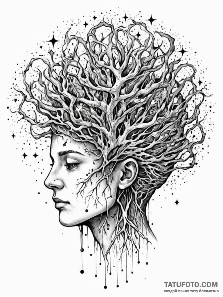 Tattoo sketch, human mind, cosmic connection,... - эскиз тату (№1752517380_0, 14.07.2025 18:23) — Tatufoto.com