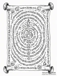 Tattoo sketch, xenoglossia scroll, an ancient... - эскиз тату (№1752517554_0, 14.07.2025 18:25) — Tatufoto.com