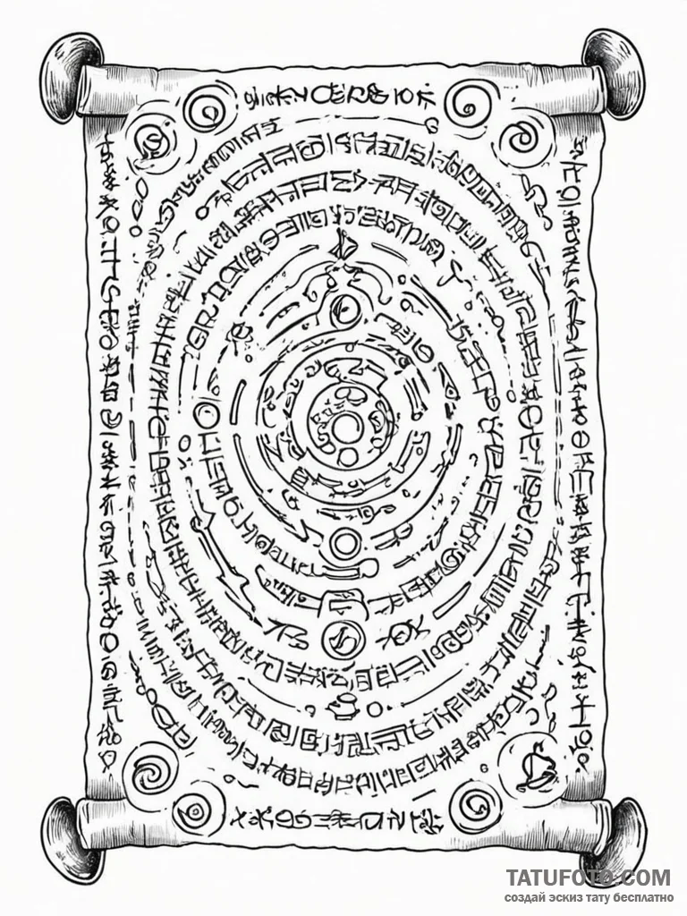 Tattoo sketch, xenoglossia scroll, an ancient... - эскиз тату (№1752517554_0, 14.07.2025 18:25) — Tatufoto.com