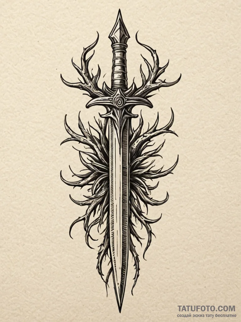 Glyph-etched dagger crowned with roots, artis... - эскиз тату (№1752517984_0, 14.07.2025 18:33) — Tatufoto.com