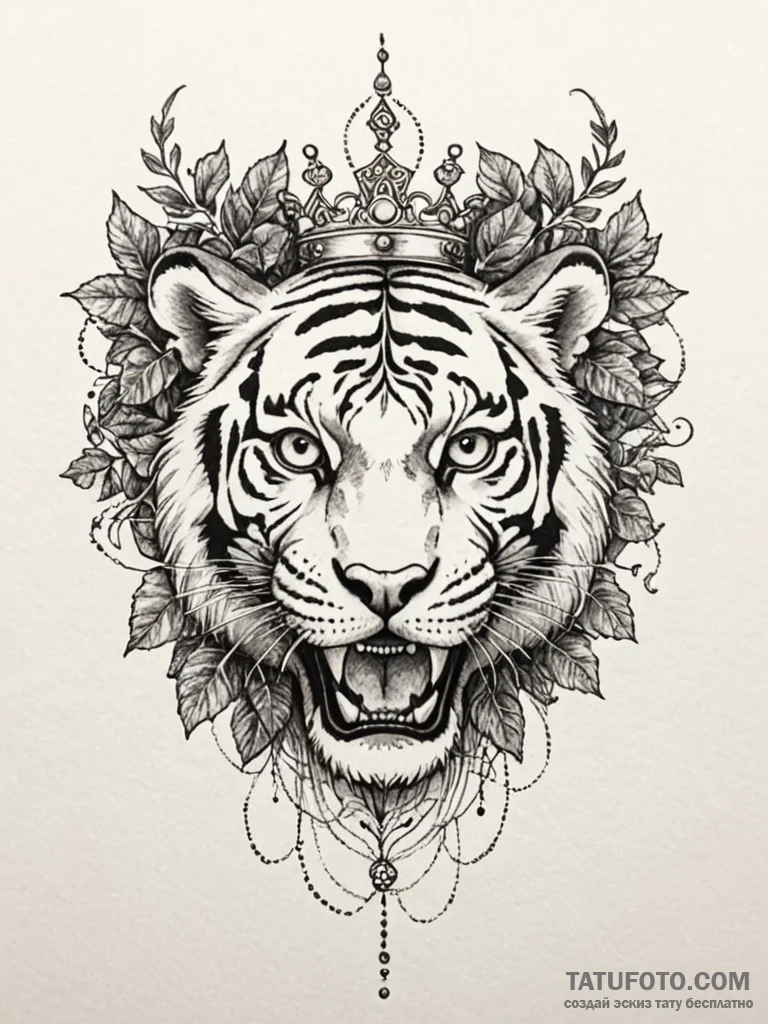 Tiger skull crowned with ivy, artistic tattoo... - эскиз тату (№1752518155_0, 14.07.2025 18:35) — Tatufoto.com