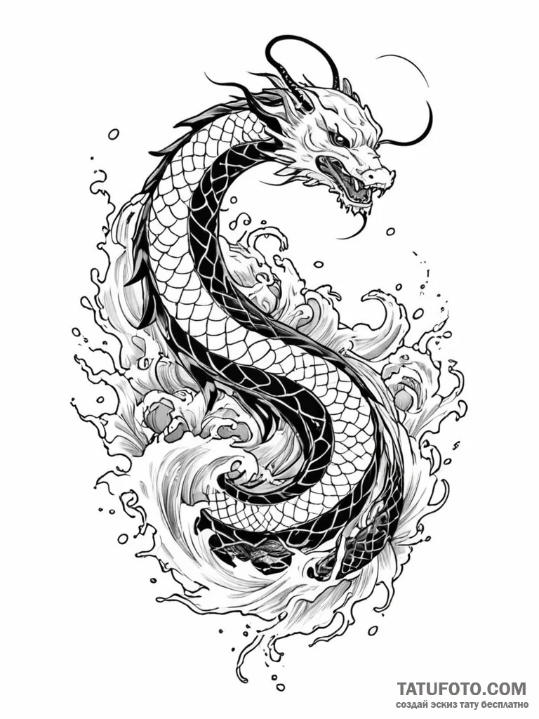Ocean serpent coiling through wreckage, ink i... - эскиз тату (№1752518241_0, 14.07.2025 18:37) — Tatufoto.com