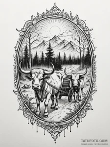 Ox cart beneath spectral mist, tattoo line ar... - эскиз тату (№1752518578_0, 14.07.2025 18:42) — Tatufoto.com