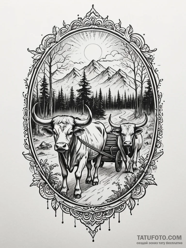 Ox cart beneath spectral mist, tattoo line ar… — эскиз тату (№1752518578_0, 14.07.2025 18:42) — Tatufoto.com