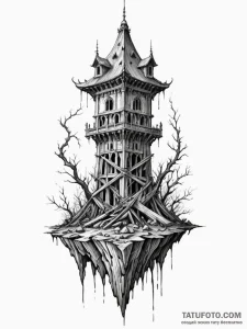 Bone tower crumbling in void, tattoo line art... - эскиз тату (№1752518836_0, 14.07.2025 18:47) — Tatufoto.com