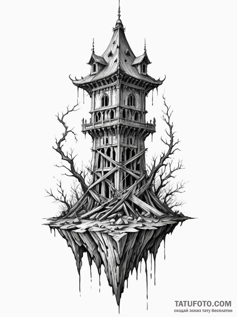 Bone tower crumbling in void, tattoo line art... - эскиз тату (№1752518836_0, 14.07.2025 18:47) — Tatufoto.com