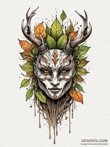Forest spirit with a mask of bark and leaves,... - эскиз тату (№1752518923_0, 14.07.2025 18:48) — Tatufoto.com