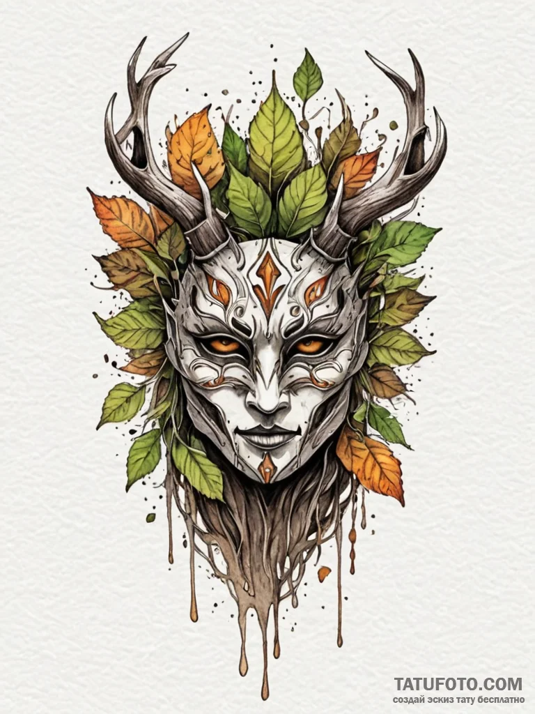 Forest spirit with a mask of bark and leaves,... - эскиз тату (№1752518923_0, 14.07.2025 18:48) — Tatufoto.com