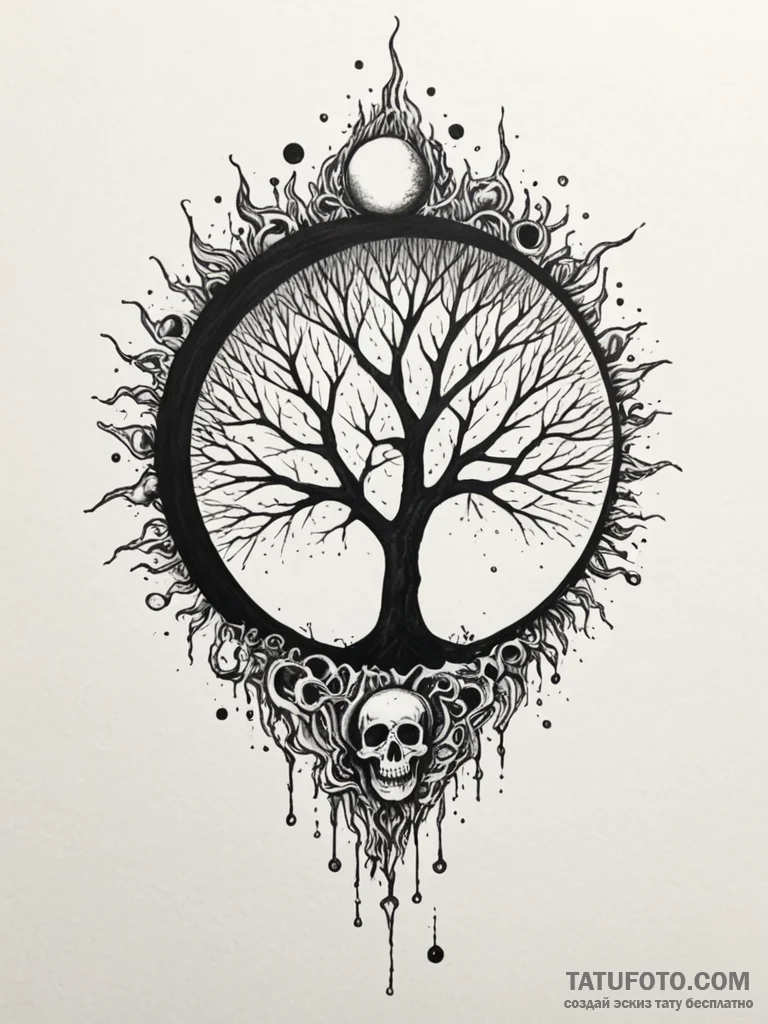 Eclipse tree growing from bones, ink illustra... - эскиз тату (№1752519182_0, 14.07.2025 18:53) — Tatufoto.com