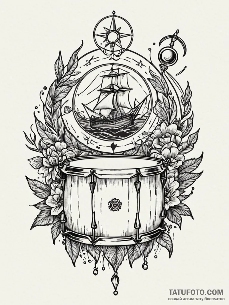 Ritual drum echoing through darkness, tattoo... - эскиз тату (№1752519439_0, 14.07.2025 18:57) — Tatufoto.com