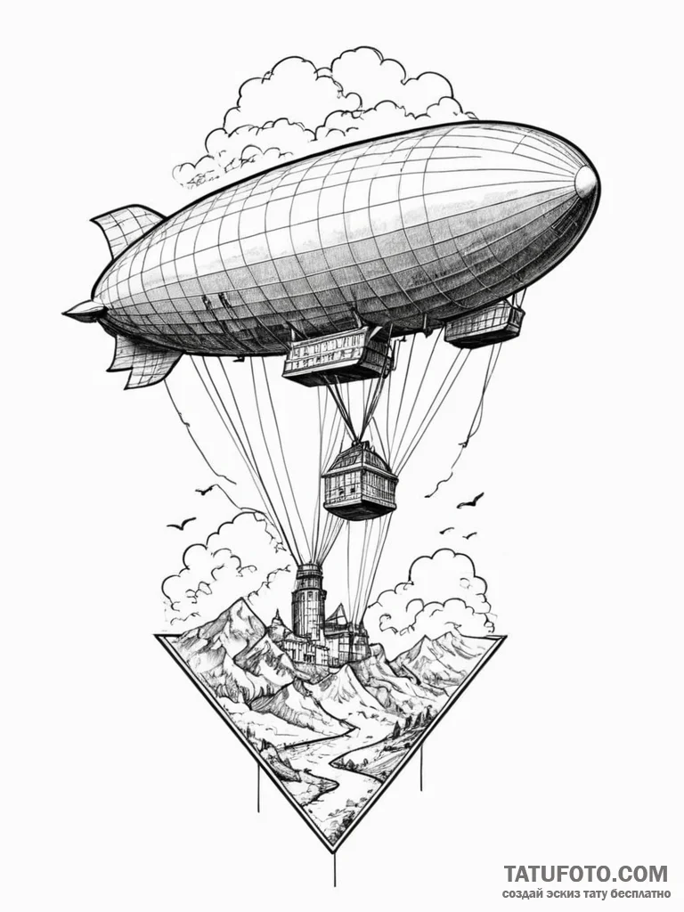 Zeppelin, classic blimp shape, ink illustrati... - эскиз тату (№1752519870_0, 14.07.2025 19:04) — Tatufoto.com