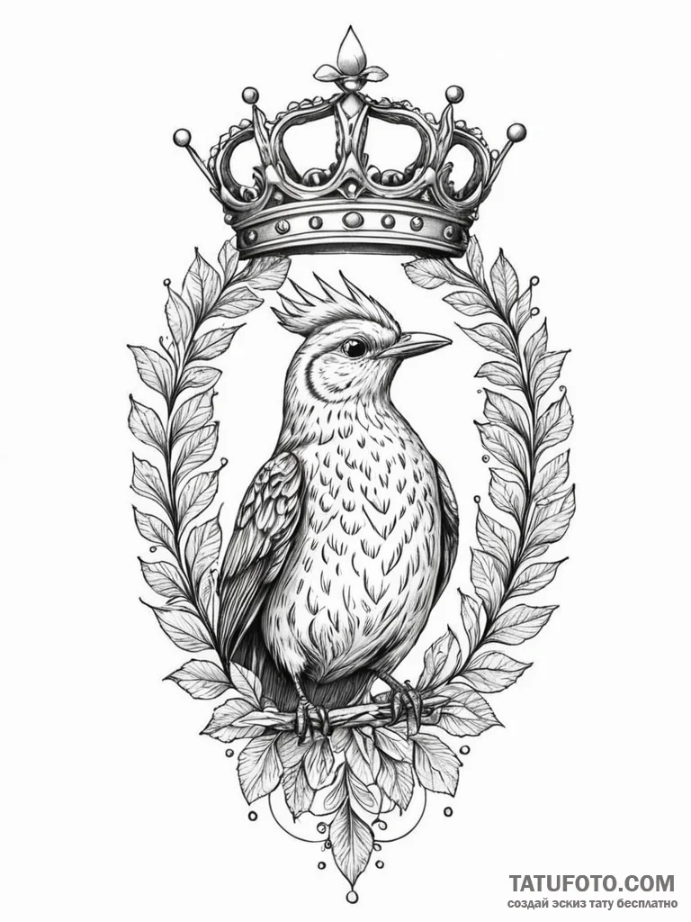 A whimsical bird with a tiny crown, regal,, c... - эскиз тату (№1752520211_0, 14.07.2025 19:10) — Tatufoto.com