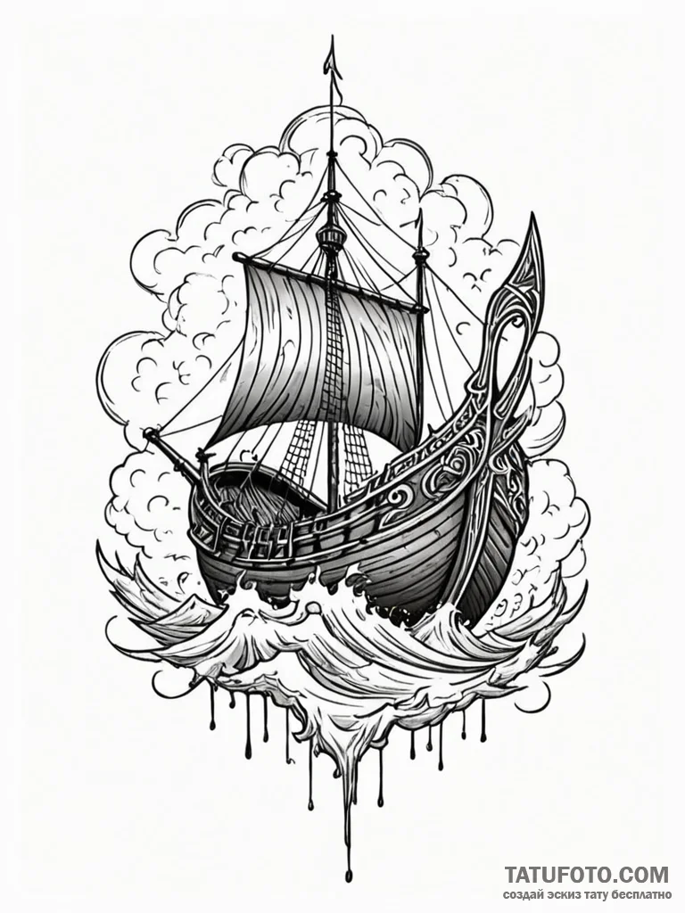 Viking longship in a storm, tattoo line art,... - эскиз тату (№1752520296_0, 14.07.2025 19:11) — Tatufoto.com