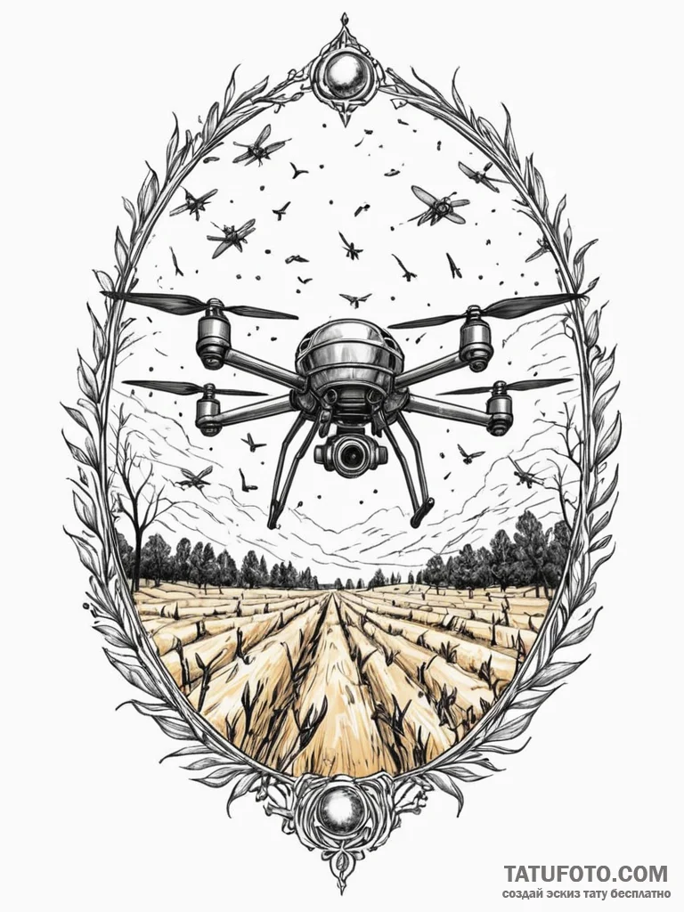 Drones swarming like locusts over a barren fi… — эскиз тату (№1752520382_0, 14.07.2025 19:13) — Tatufoto.com