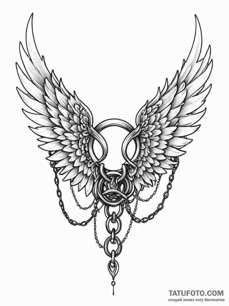 Ethereal wings bound in chains, tattoo sketch... - эскиз тату (№1752520984_0, 14.07.2025 19:23) — Tatufoto.com