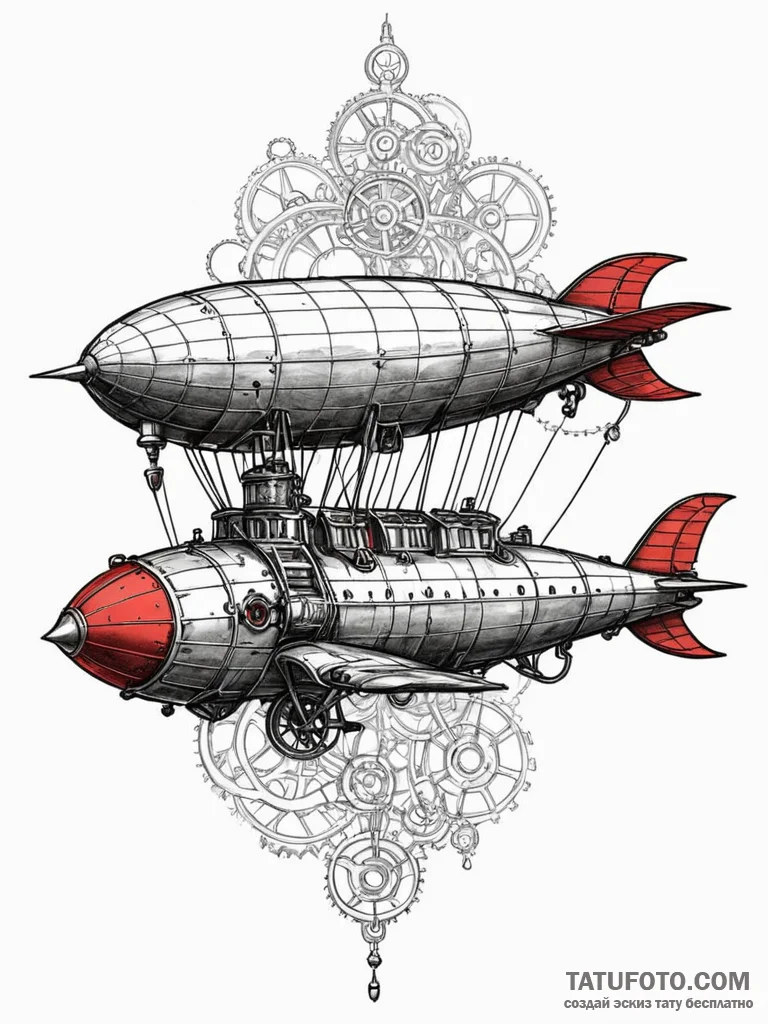 Steampunk airship, tattoo sketch design, mini... - эскиз тату (№1752521070_0, 14.07.2025 19:24) — Tatufoto.com