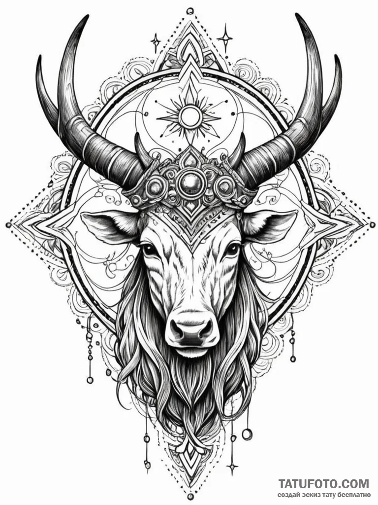 Horned relic crowned with stars, ink illustra... - эскиз тату (№1752522186_0, 14.07.2025 19:43) — Tatufoto.com