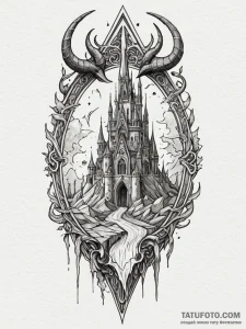 Horned relic through shattered spire, ink ill... - эскиз тату (№1752522443_0, 14.07.2025 19:47) — Tatufoto.com