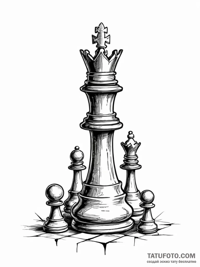 King chess piece with cracked base, ink illus... - эскиз тату (№1752523335_0, 14.07.2025 20:02) — Tatufoto.com