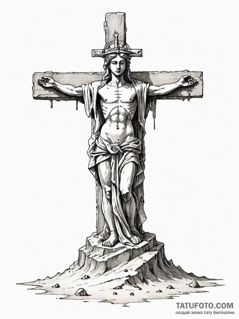 Eroding statue of a forgotten deity, half-sun… — эскиз тату (№1752524195_0, 14.07.2025 20:16) — Tatufoto.com