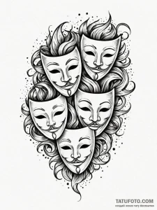 Theater masks, artistic tattoo sketch, sepia... - эскиз тату (№1752524283_0, 14.07.2025 20:18) — Tatufoto.com