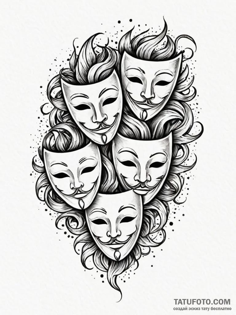 Theater masks, artistic tattoo sketch, sepia... - эскиз тату (№1752524283_0, 14.07.2025 20:18) — Tatufoto.com