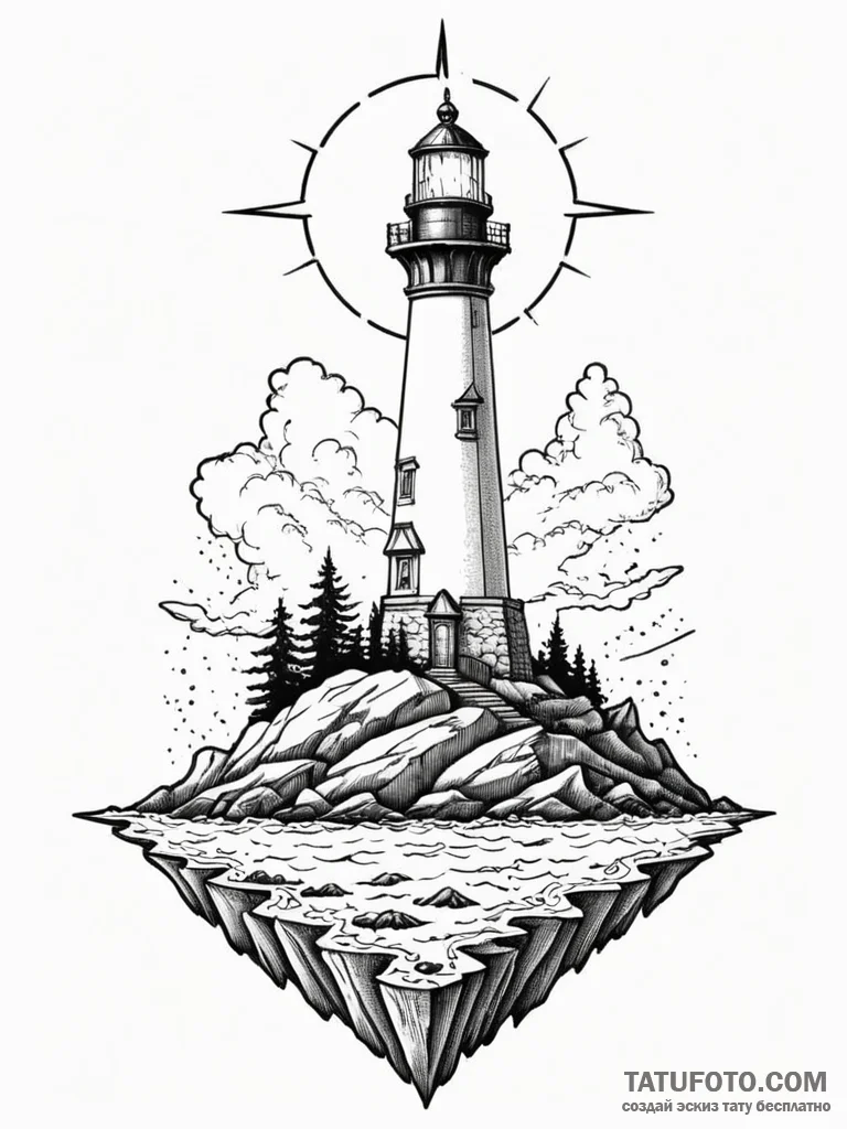 Lighthouse on a tiny island, its light reveal... - эскиз тату (№1752524454_0, 14.07.2025 20:20) — Tatufoto.com
