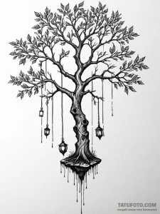 Gallows tree with a single, swinging lantern,... - эскиз тату (№1752524541_0, 14.07.2025 20:22) — Tatufoto.com