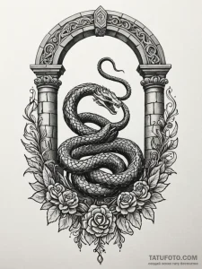 Dark serpent through ancient arch, tattoo dra... - эскиз тату (№1752524881_0, 14.07.2025 20:28) — Tatufoto.com