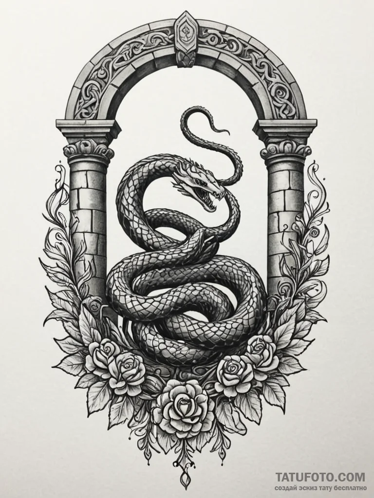 Dark serpent through ancient arch, tattoo dra... - эскиз тату (№1752524881_0, 14.07.2025 20:28) — Tatufoto.com