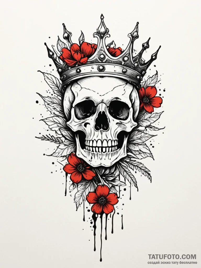 Skeleton crown beneath spectral bloom, tattoo… — эскиз тату (№1752524967_0, 14.07.2025 20:29) — Tatufoto.com