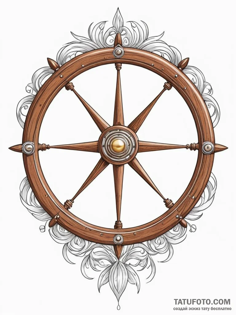 Steering wheel of a classic wooden boat, tatt... - эскиз тату (№1752526247_0, 14.07.2025 20:50) — Tatufoto.com