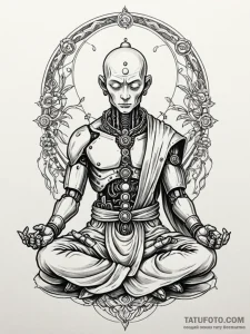 A robot monk in meditation, tattoo drawing ou... - эскиз тату (№1752527528_0, 14.07.2025 21:12) — Tatufoto.com