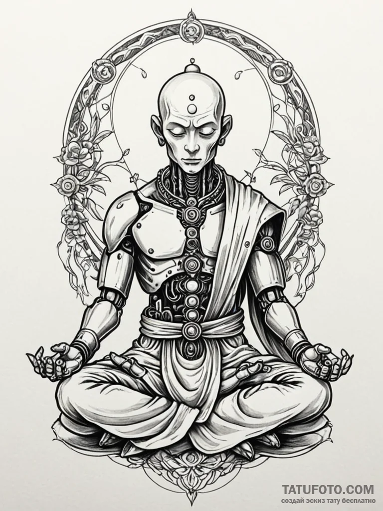 A robot monk in meditation, tattoo drawing ou... - эскиз тату (№1752527528_0, 14.07.2025 21:12) — Tatufoto.com