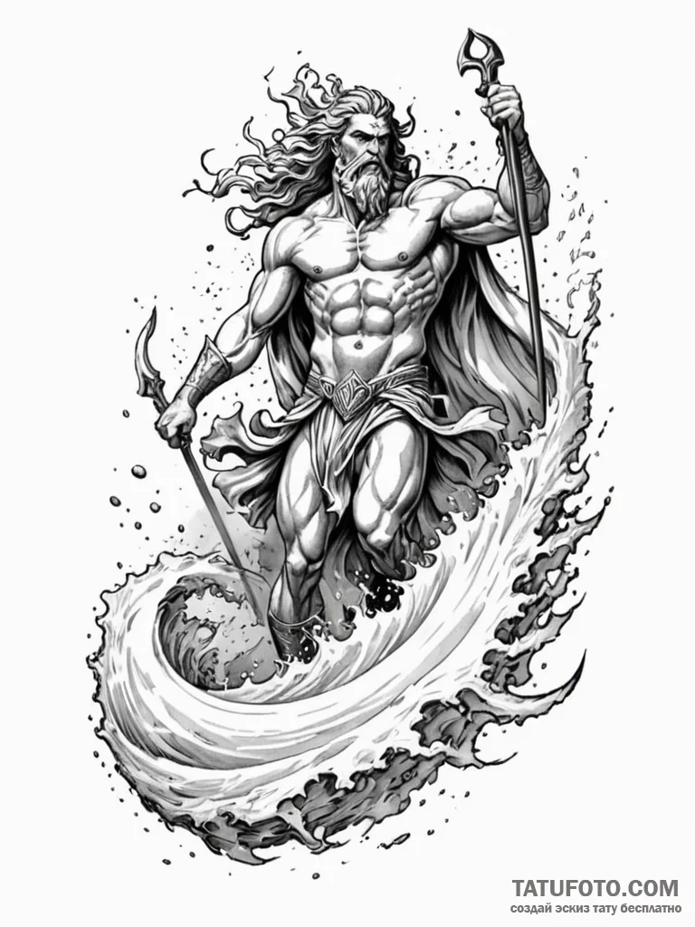 Poseidon, wrathful, commanding a tsunami, art… — эскиз тату (№1752527699_0, 14.07.2025 21:14) — Tatufoto.com