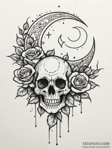 Moon relic beneath spectral bloom, tattoo lin... - эскиз тату (№1752528555_0, 14.07.2025 21:29) — Tatufoto.com