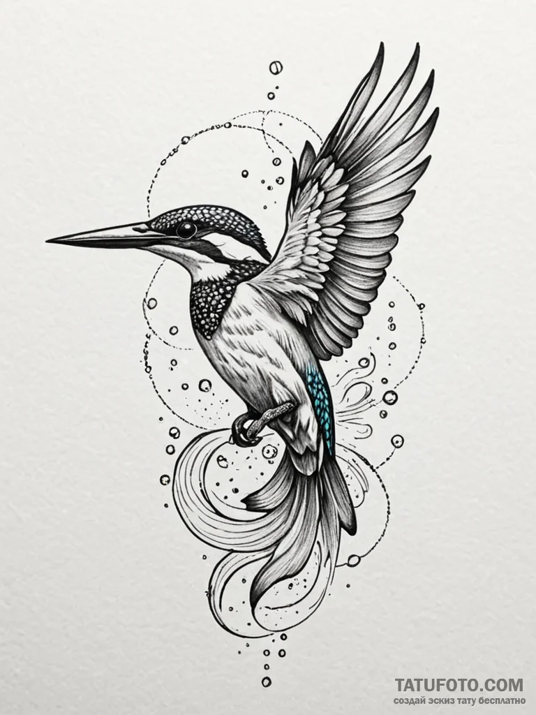 A kingfisher diving for a fish, tattoo flash... - эскиз тату (№1752529064_0, 14.07.2025 21:37) — Tatufoto.com