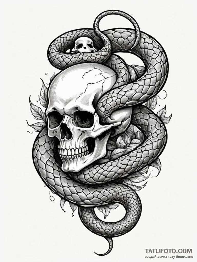 Ashen serpent slithering over skull, tattoo l... - эскиз тату (№1752529150_0, 14.07.2025 21:39) — Tatufoto.com