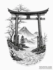 Japanese temple gate (torii) in a sea of fog,... - эскиз тату (№1752530003_0, 14.07.2025 21:53) — Tatufoto.com
