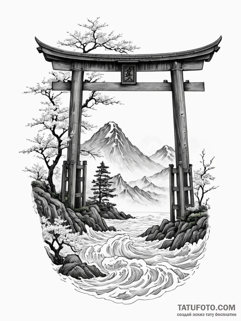 Japanese temple gate (torii) in a sea of fog,... - эскиз тату (№1752530003_0, 14.07.2025 21:53) — Tatufoto.com