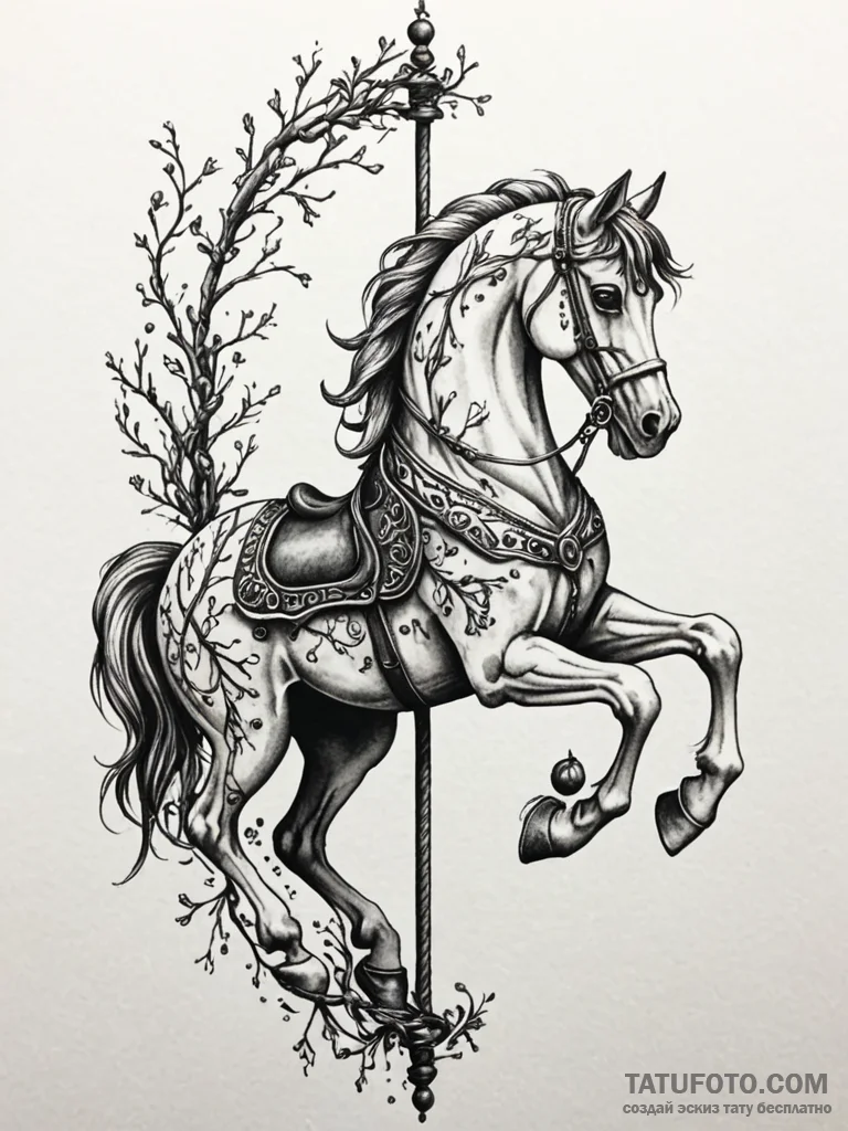 Carousel horse made of bone and withered vine… — эскиз тату (№1752530343_0, 14.07.2025 21:59) — Tatufoto.com