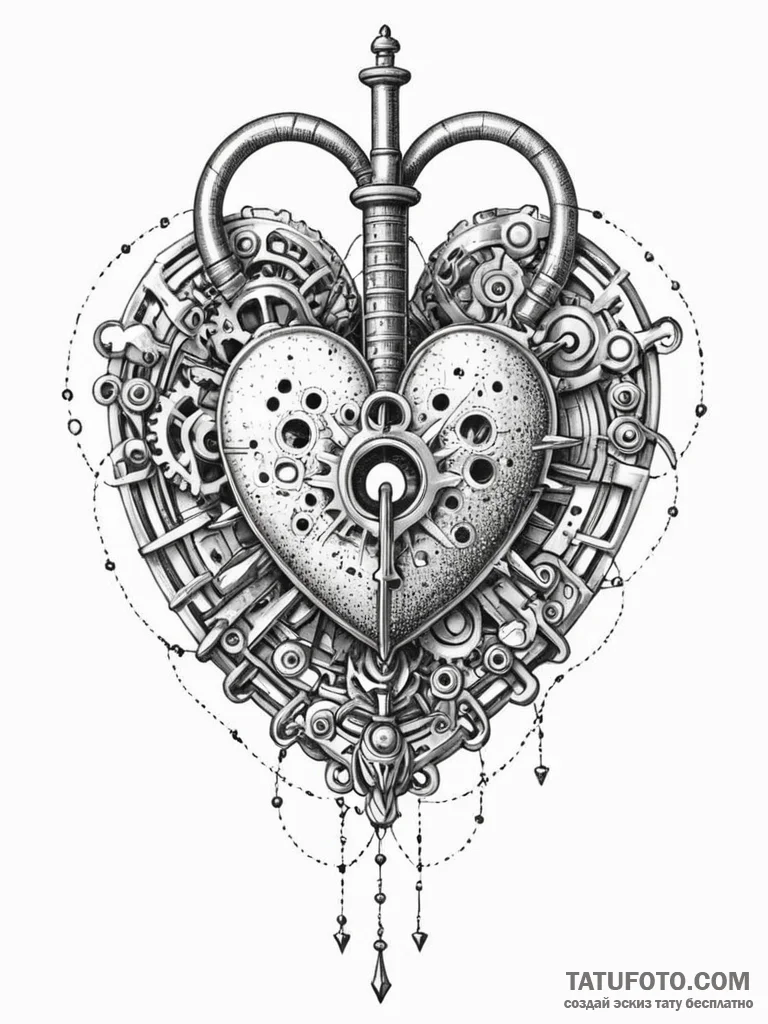 Gear-filled heart with a key in its center, t... - эскиз тату (№1752530685_0, 14.07.2025 22:04) — Tatufoto.com