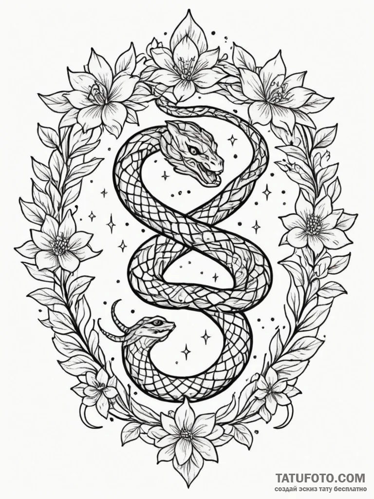 Jewel serpent beneath celestial bloom, tattoo... - эскиз тату (№1752531534_0, 14.07.2025 22:18) — Tatufoto.com