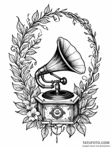 Gramophone with flowers and vines growing out... - эскиз тату (№1752531620_0, 14.07.2025 22:20) — Tatufoto.com