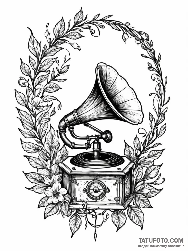 Gramophone with flowers and vines growing out... - эскиз тату (№1752531620_0, 14.07.2025 22:20) — Tatufoto.com