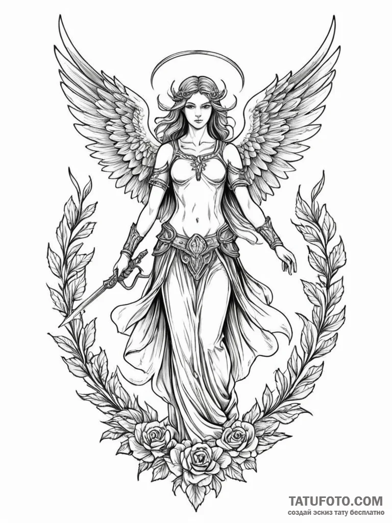 Angel warrior standing over battlefield, arti... - эскиз тату (№1752531705_0, 14.07.2025 22:21) — Tatufoto.com