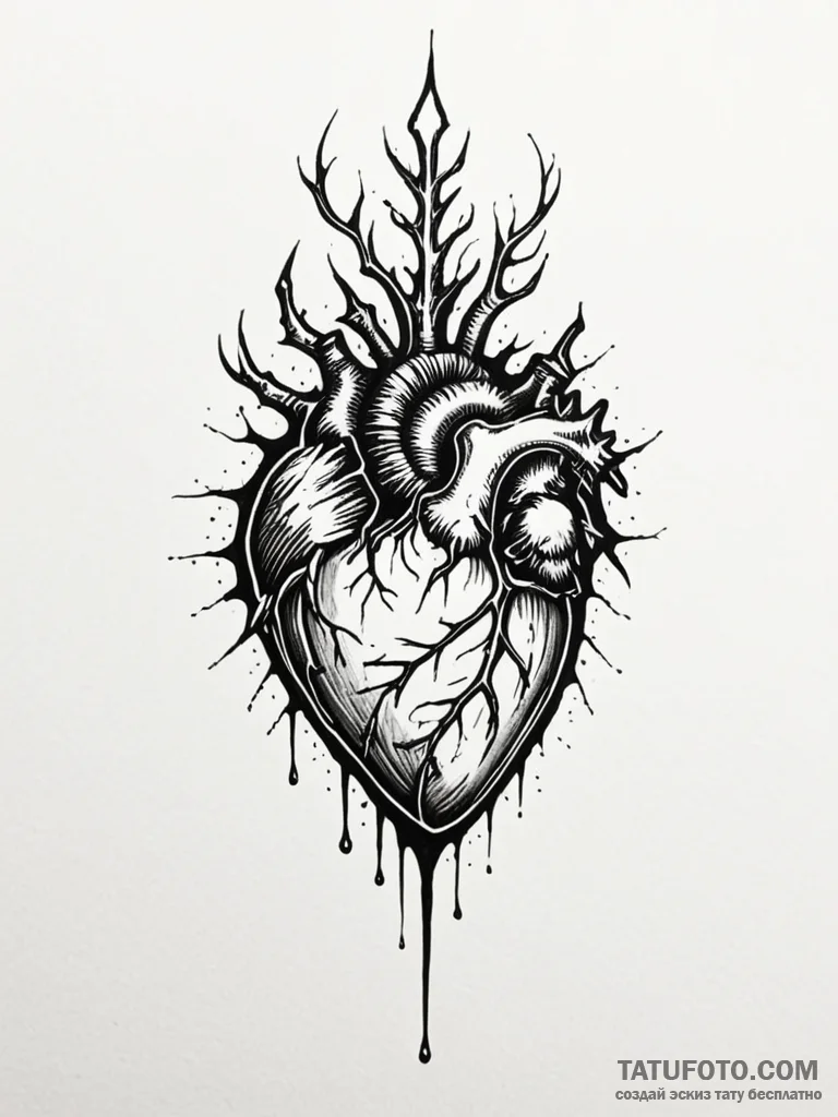 Jagged heart beneath bone spire, tattoo flash... - эскиз тату (№1752531790_0, 14.07.2025 22:23) — Tatufoto.com