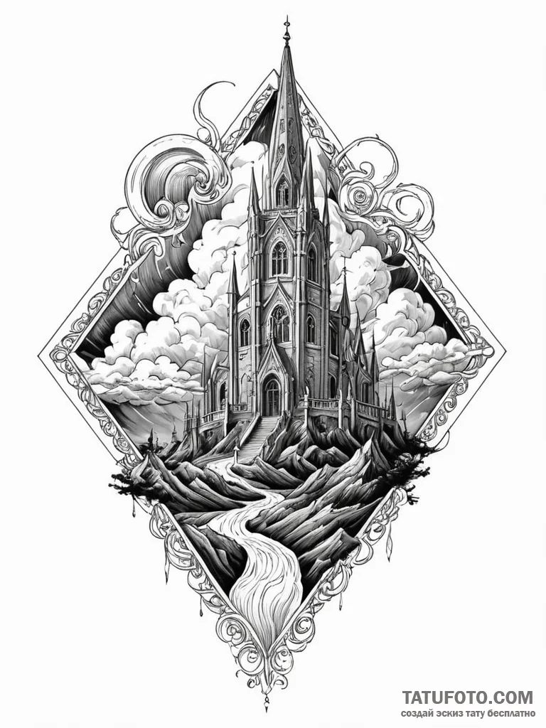 Ivory spire beneath storm clouds, artistic ta... - эскиз тату (№1752531874_0, 14.07.2025 22:24) — Tatufoto.com